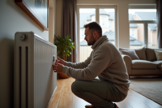 Homme d'âge moyen réglant le thermostat dans un salon moderne