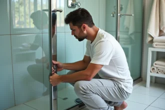 Homme d'âge moyen ajustant un régulateur d'eau dans la salle de bain