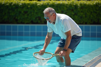 Homme en maillot et polo ramassant des éclats de verre dans la piscine