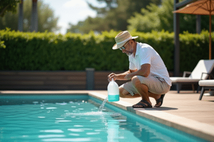 Homme d'âge moyen remplissant une piscine extérieure en été