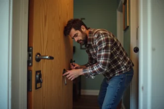 Homme d'âge moyen inspectant une serrure endommagée dans un couloir