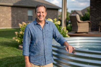 Homme souriant près d'une piscine en extérieur