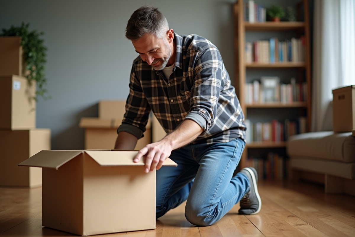 Homme d'âge moyen examinant une boîte en carton dans un appartement