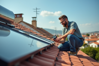 Homme vérifiant des panneaux solaires sur un toit urbain