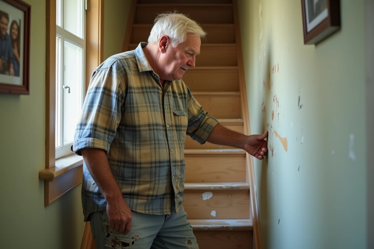 Homme âgé examinant la peinture écaillée d