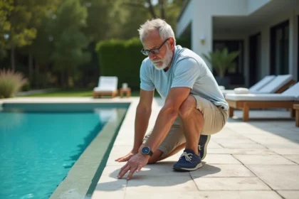 Homme inspectant la terrasse de la piscine moderne