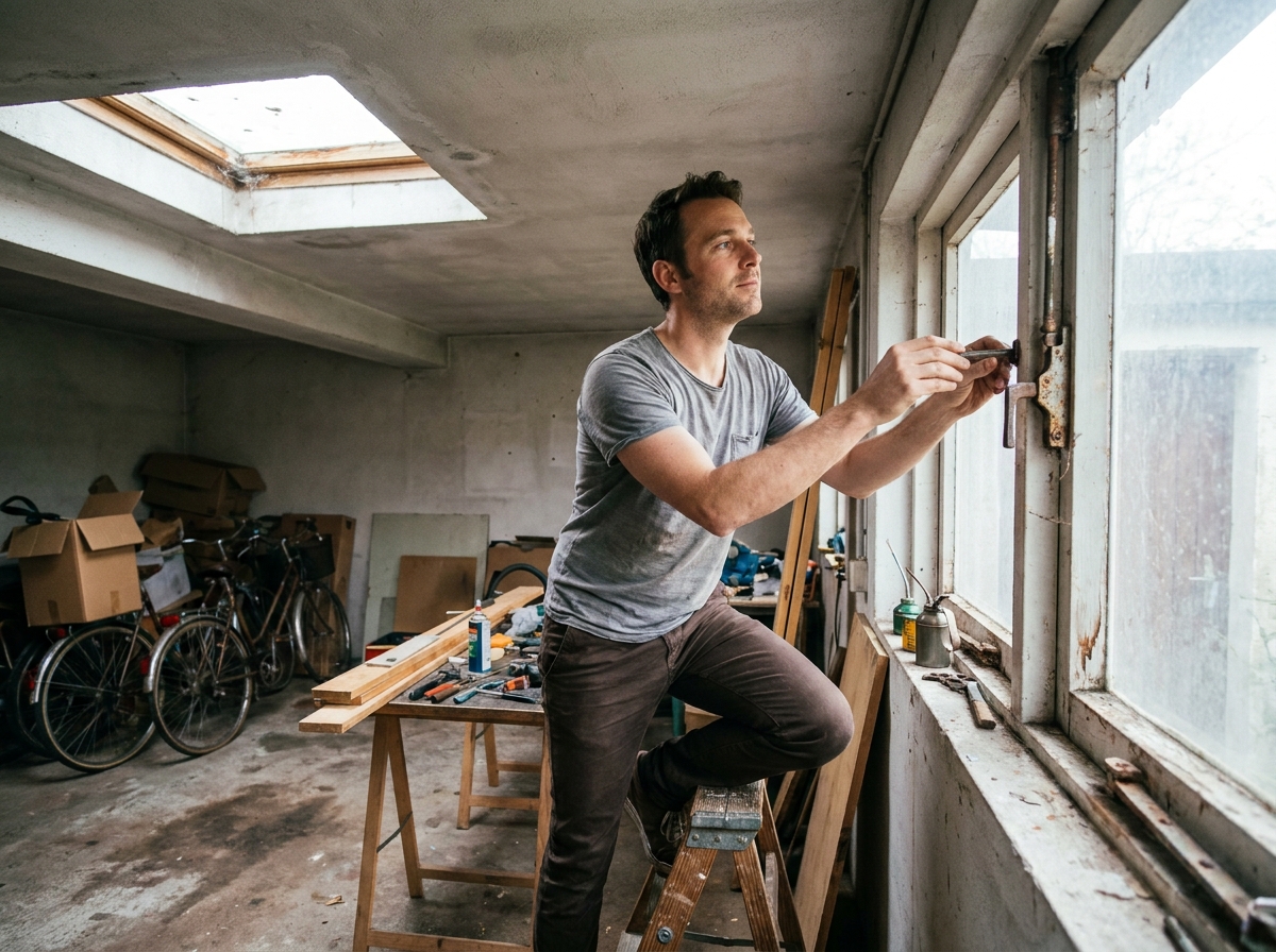 Homme vérifiant les fenêtres et les volets de son garage avant un départ en vacances pour sécuriser sa maison