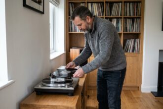 Homme d'âge moyen posant un vinyle sur un tourne-disque dans un salon moderne