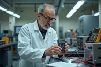 Ingénieur électricien analysant un inverseur de polarité électromagnétique en laboratoire