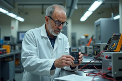 Ingénieur électricien analysant un inverseur de polarité électromagnétique en laboratoire
