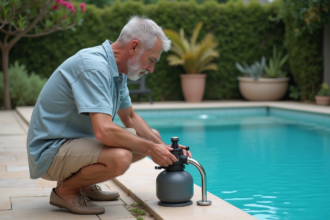 Homme d'âge moyen inspectant un filtre à sable de piscine en extérieur