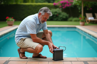 Homme d'âge moyen inspectant un chlorinateur de piscine
