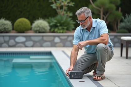 Homme inspectant une alarme de piscine extérieure