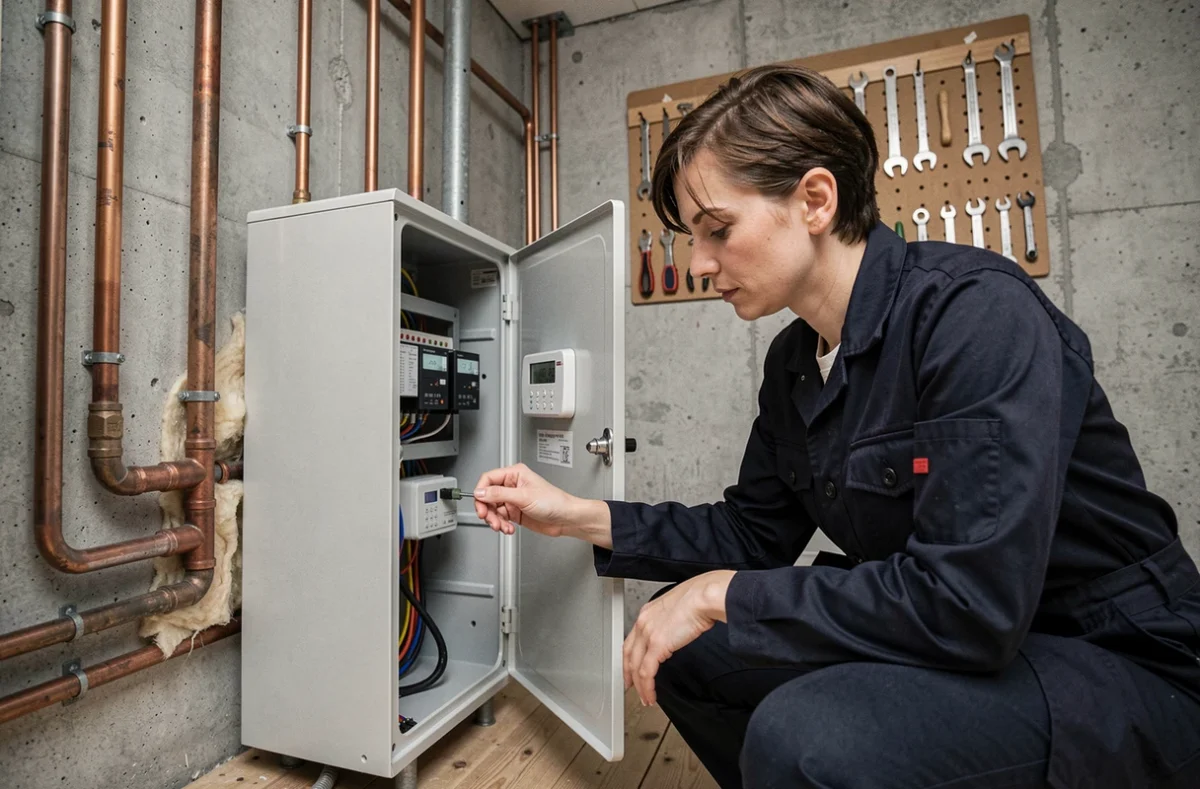 Femme inspectant l'affichage de consommation énergétique d'un chauffe-rapide suédois dans une chaufferie utilitaire nordique