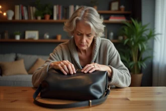 Femme inspectant un sac en cuir noir sur la table