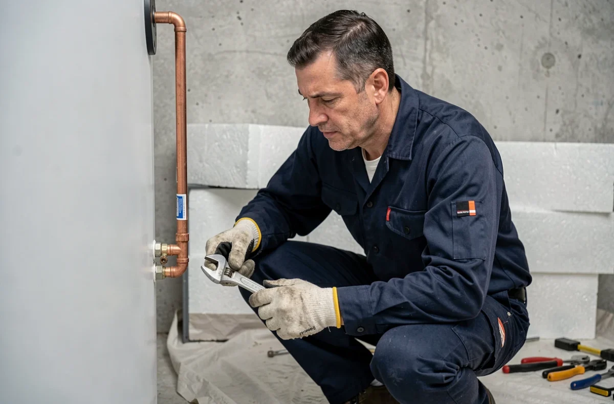 Installateur professionnel en train de raccorder un chauffe-eau solaire 200 litres dans une chaufferie résidentielle
