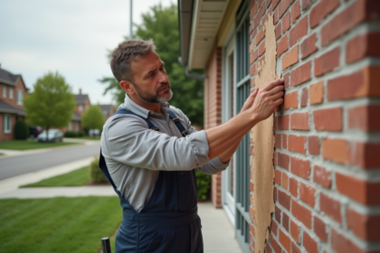 Ouvrier en overalls posant panneaux d'isolation sur maison moderne
