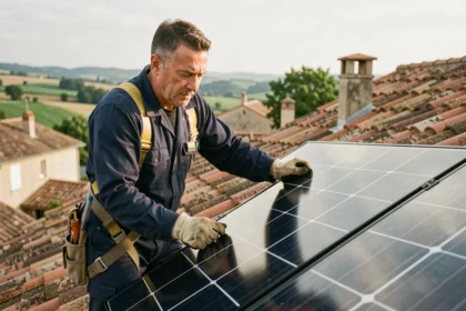 Installateur de panneaux photovoltaïques français posant un module solaire monocristallin sur un toit de maison individuelle en France