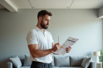 Installateur de plafond tendu examinant un devis détaillé dans un salon avec plafond tendu blanc mat installé