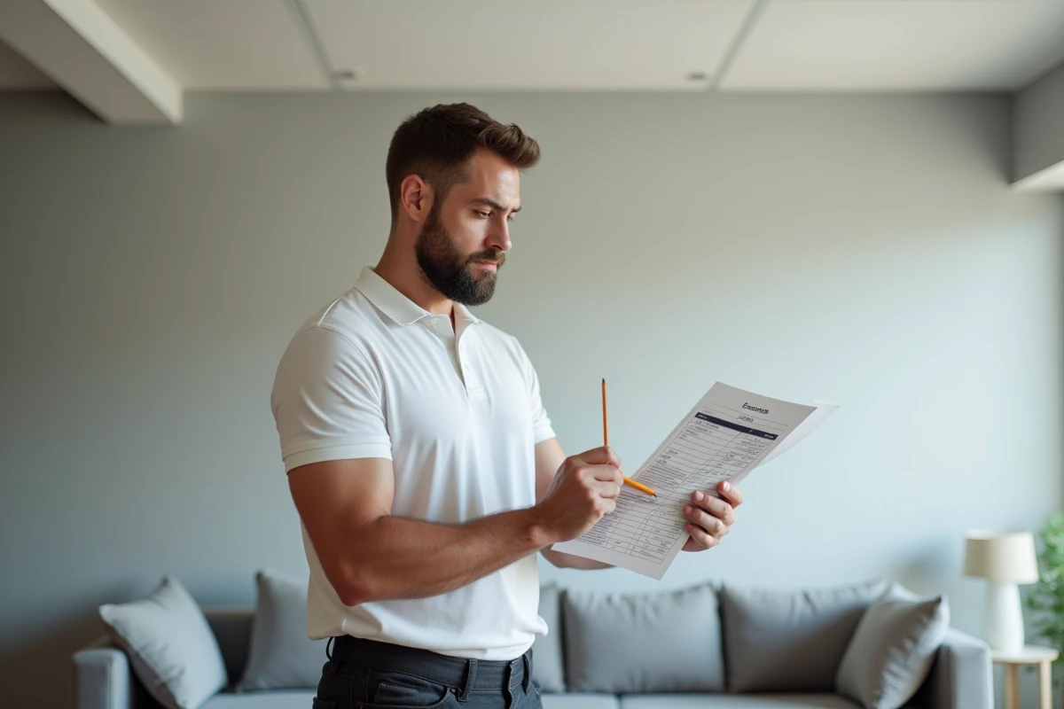 Installateur de plafond tendu examinant un devis détaillé dans un salon avec plafond tendu blanc mat installé