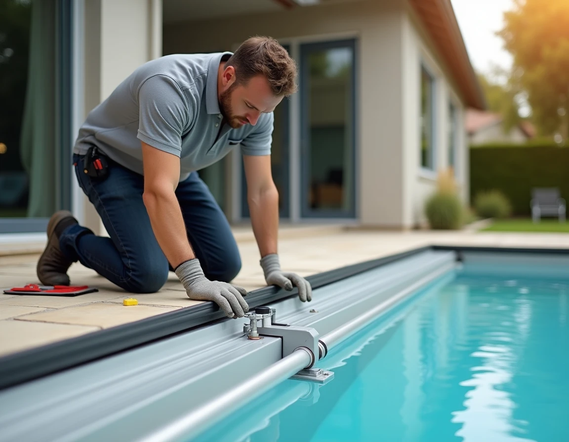 Installateur posant les rails d'un abri de piscine télescopique sur un carrelage en grès beige