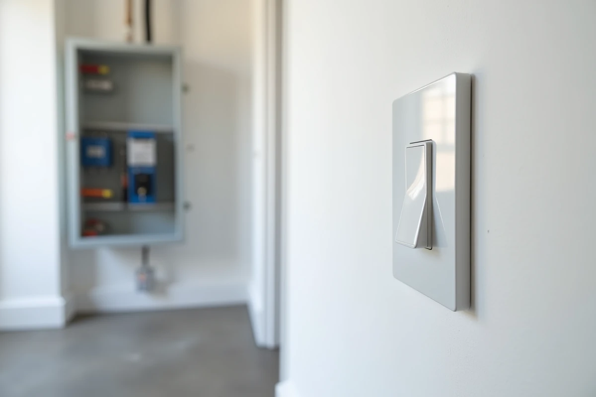 Installation terminée d'un bouton poussoir Legrand encastré relié à un télérupteur dans un couloir résidentiel
