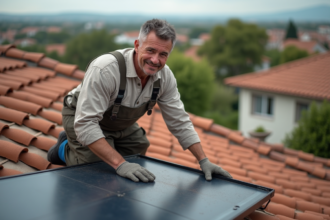 Homme moyenâge en vêtements casual installe un chauffe-eau solaire sur le toit