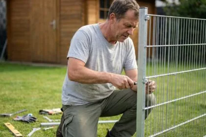 Homme assemblant un panneau de clôture rigide sur un poteau métallique dans un jardin résidentiel