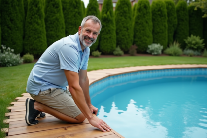 Homme installé une terrasse en bois autour d'une piscine moderne