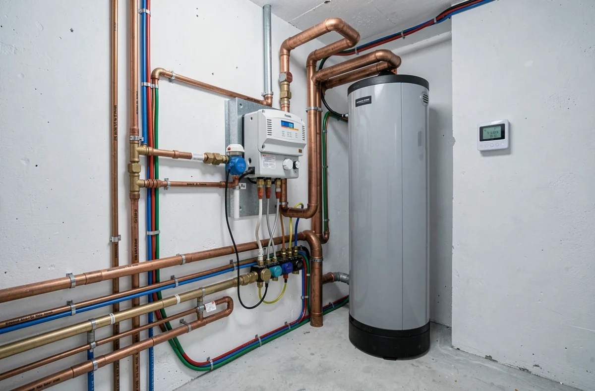 Installation intérieure d'une pompe à chaleur air-eau avec ballon tampon et collecteur de plancher chauffant