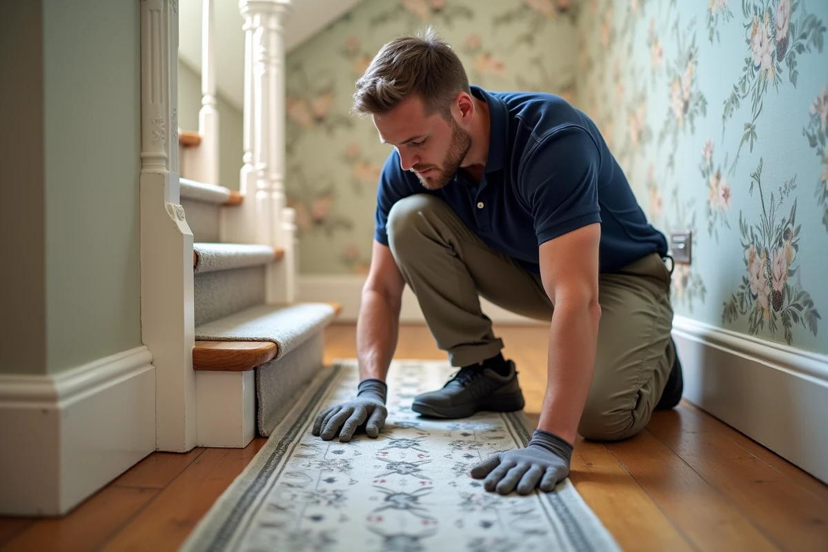 Poseur de moquette professionnel installant un tapis d'escalier à motifs dans une maison ancienne avec boiseries blanches