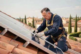 Technicien en train d'installer un panneau solaire sur un toit en tuiles à Béziers