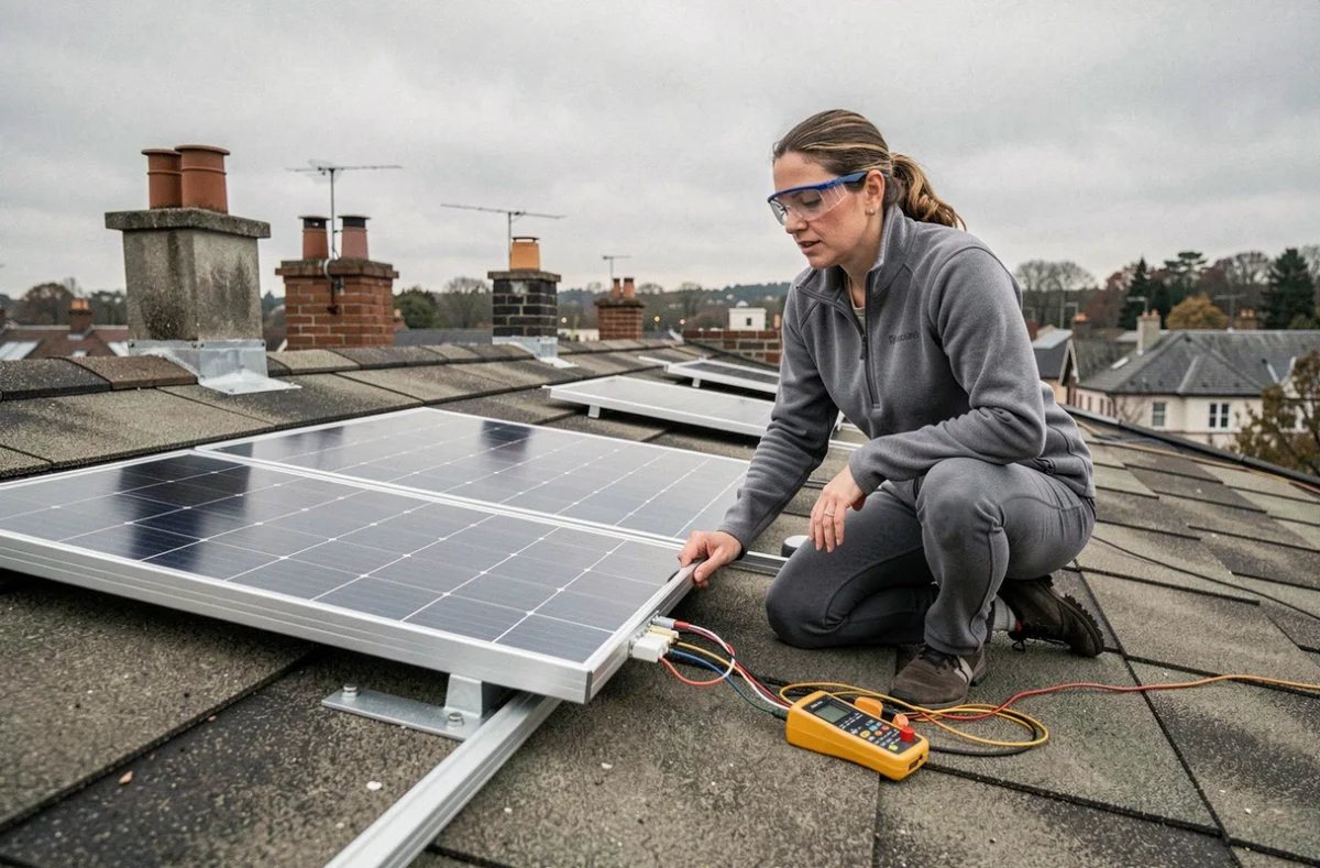 Femme installant un panneau solaire artisanal sur un toit de maison individuelle, vérifiant le câblage avec un multimètre