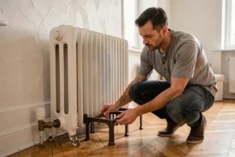 Homme installant un pied en fonte pour radiateur sans percer dans un appartement rénové avec parquet en bois