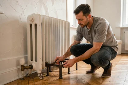 Homme installant un pied en fonte pour radiateur sans percer dans un appartement rénové avec parquet en bois
