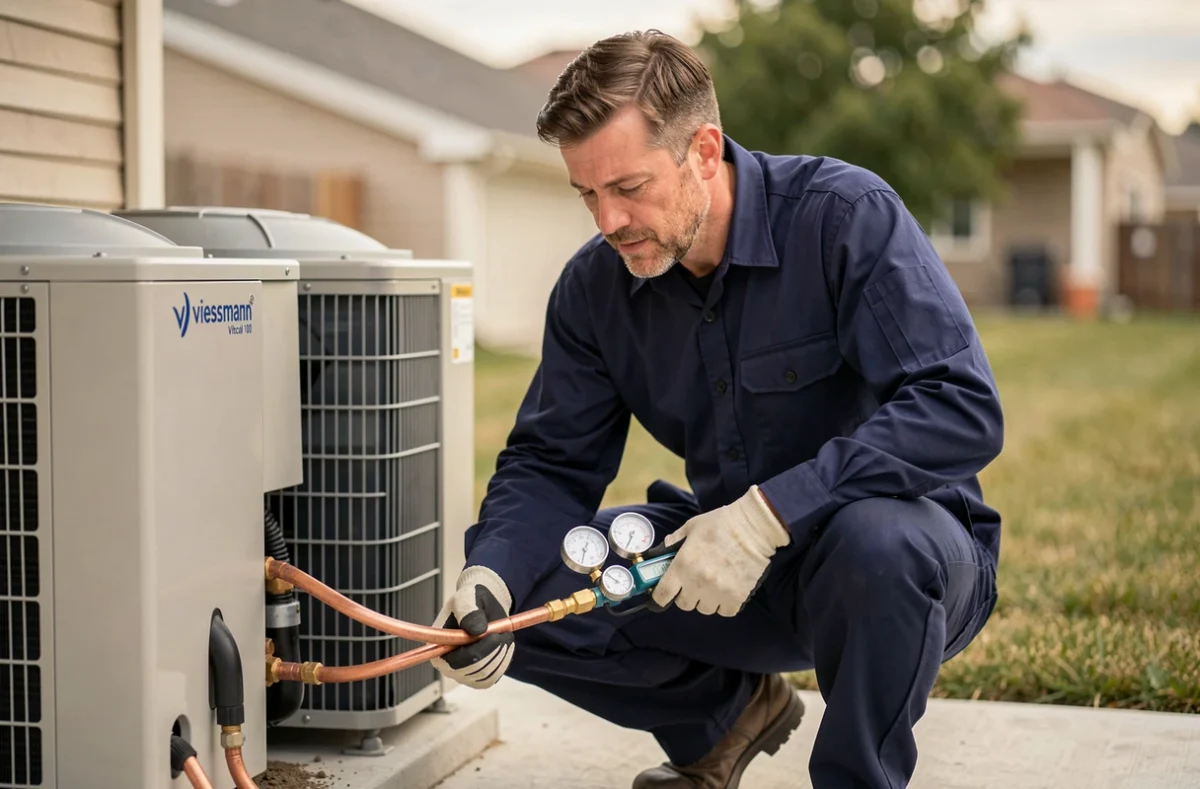 Technicien installant une pompe à chaleur Viessmann Vitocal 100 sur une terrasse en béton résidentielle