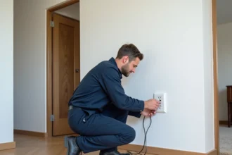 Électricien professionnel installant une prise Legrand double encastrée dans un mur blanc lors d'une rénovation résidentielle