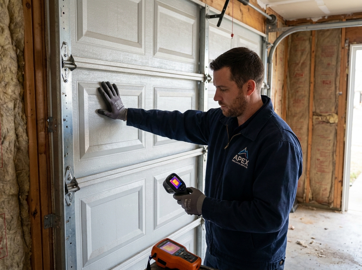 Un technicien vérifiant l'isolation thermique intérieure d'une porte de garage sectionnelle avec un détecteur thermique