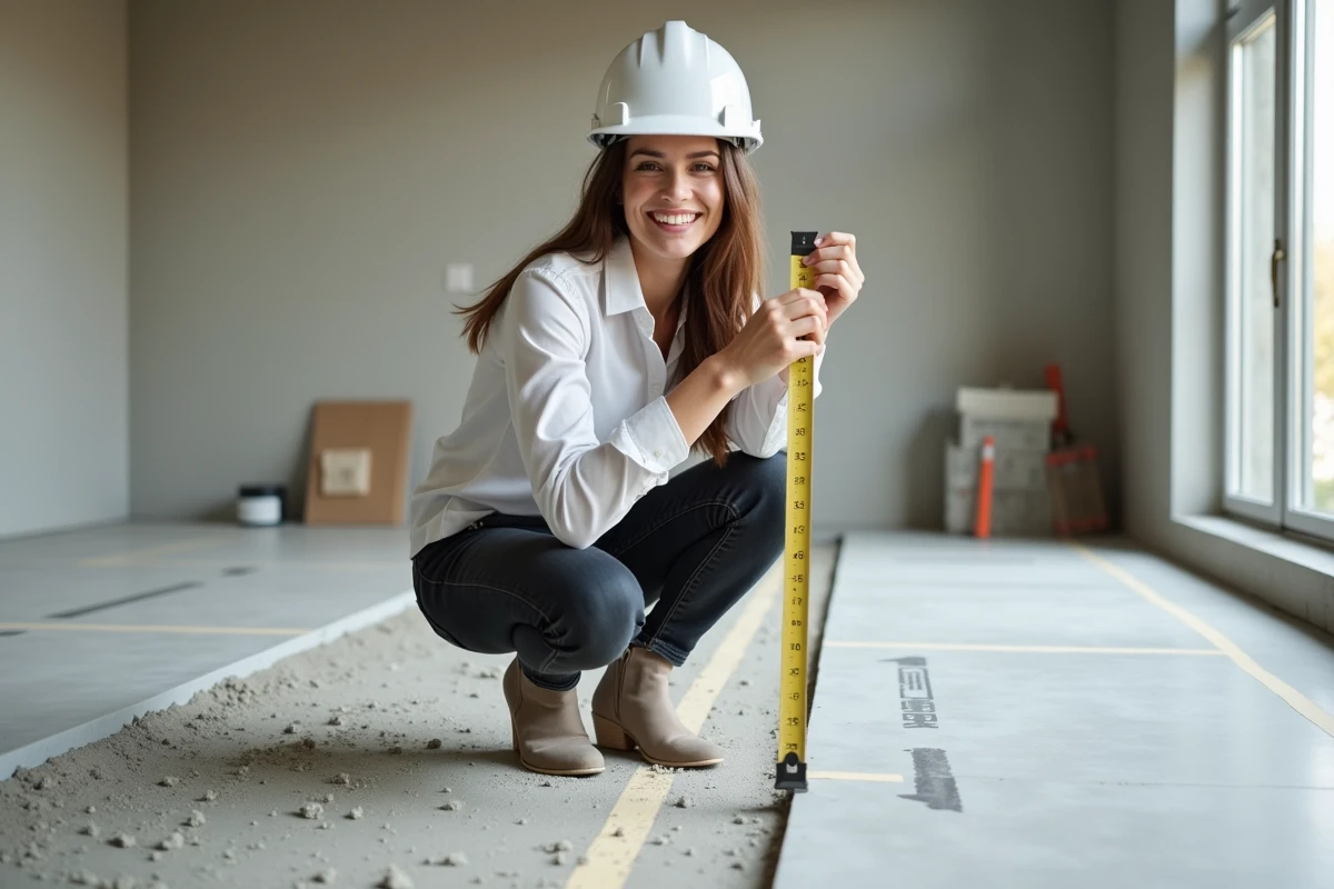 Jeune architecte mesure un screed fraîchement coulé dans un espace rénové