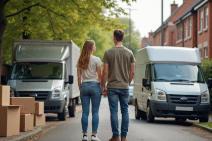 Jeune couple avec vans de déménagement sur rue résidentielle