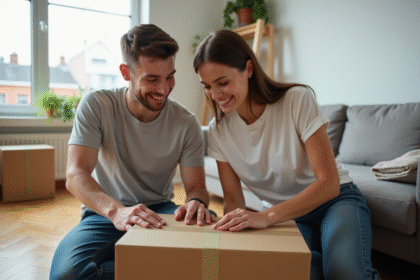 Jeune couple souriant en train de sceller une box de déménagement