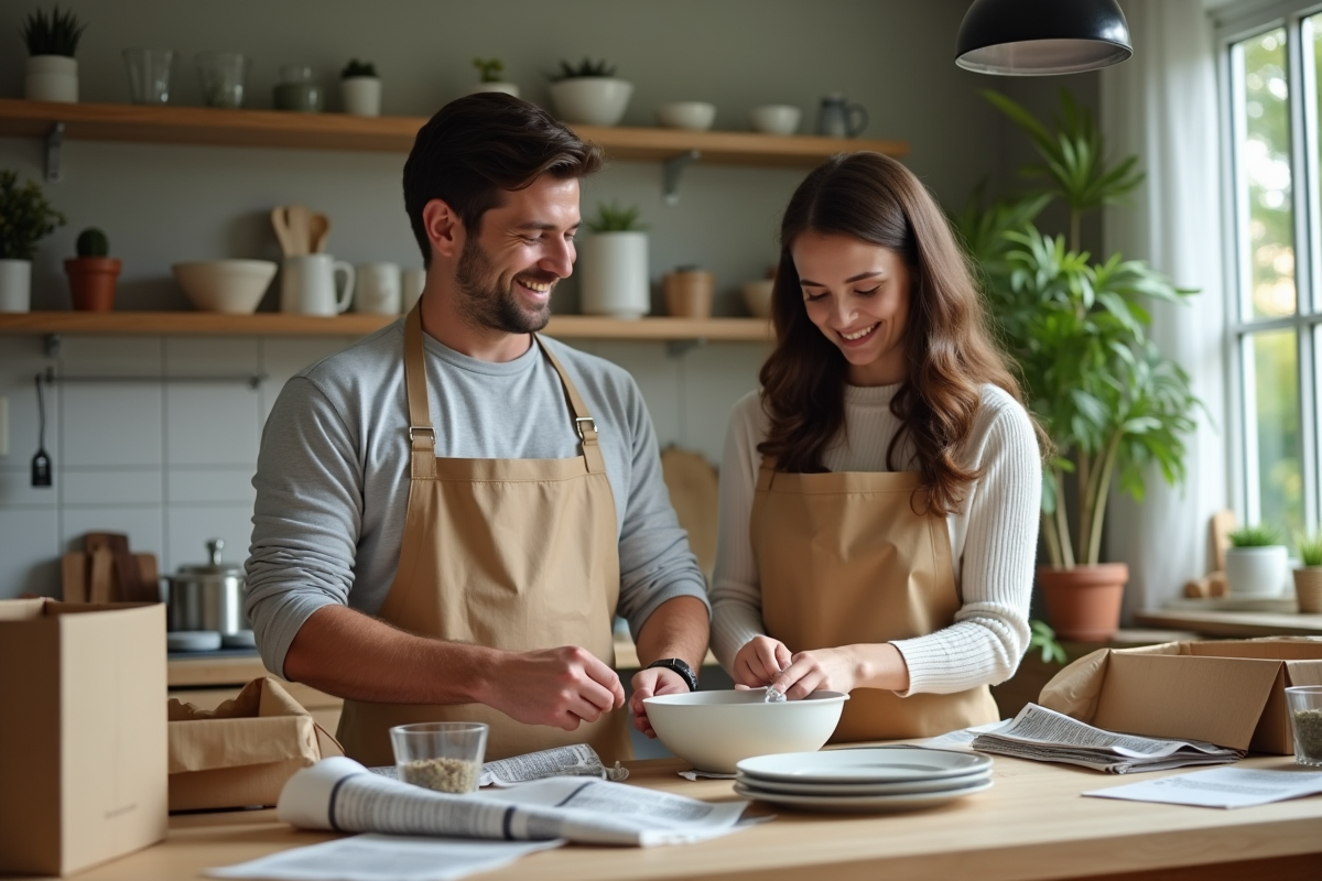 Jeune couple emballant de la vaisselle dans la cuisine