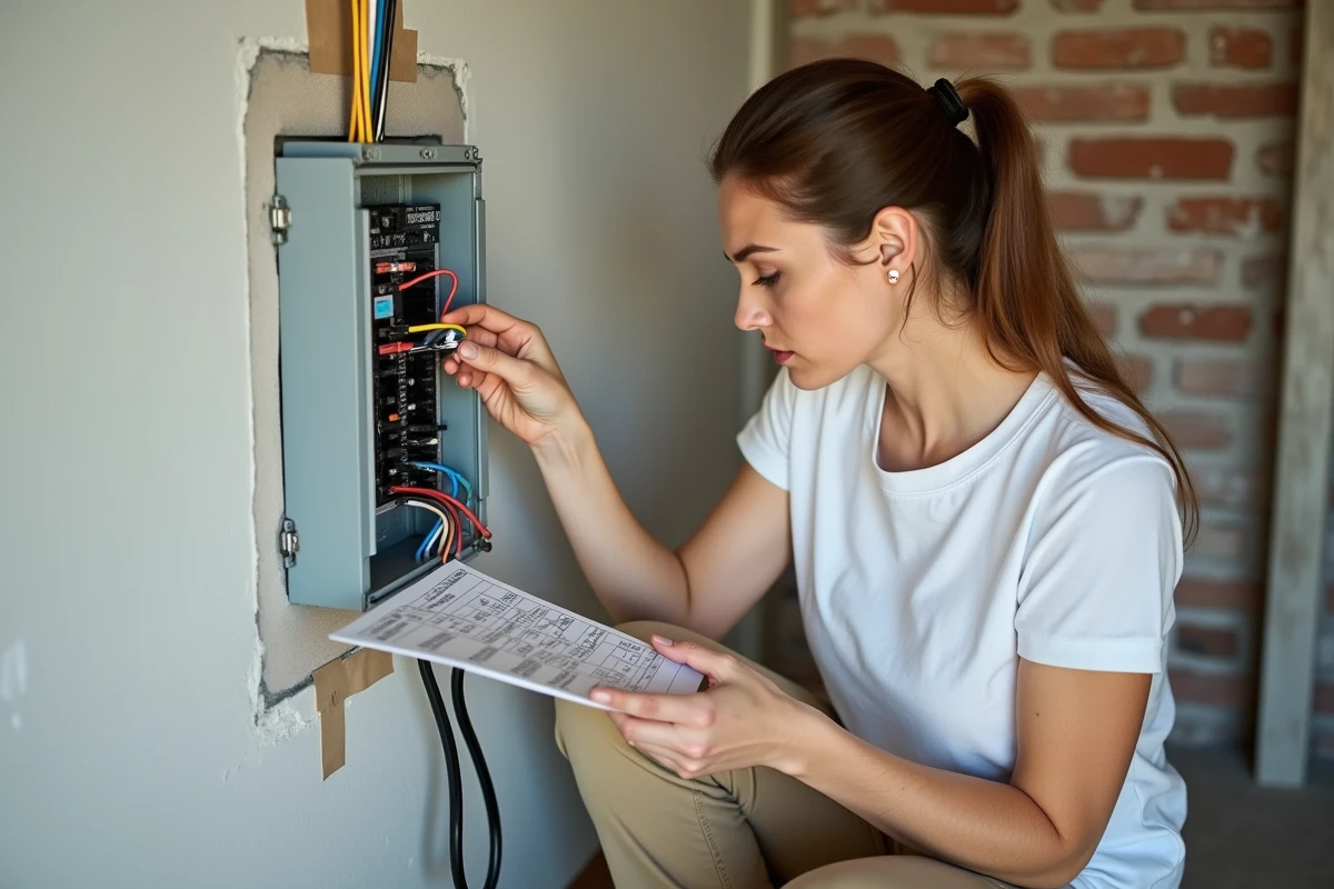 Jeune femme connectant des fils électriques dans un local en rénovation