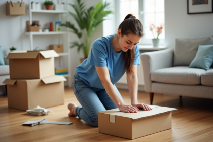 Jeune femme emballant un carton dans un salon lumineux
