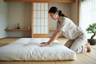 Jeune femme japonaise en pyjama linceul qui lisse un futon blanc dans une chambre traditionnelle