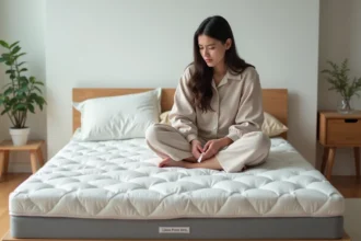 Jeune femme en loungewear examine un matelas dans une chambre moderne