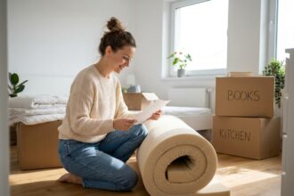 Jeune femme souriante près d'un matelas neuf dans une chambre lumineuse