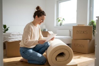 Jeune femme souriante près d'un matelas neuf dans une chambre lumineuse