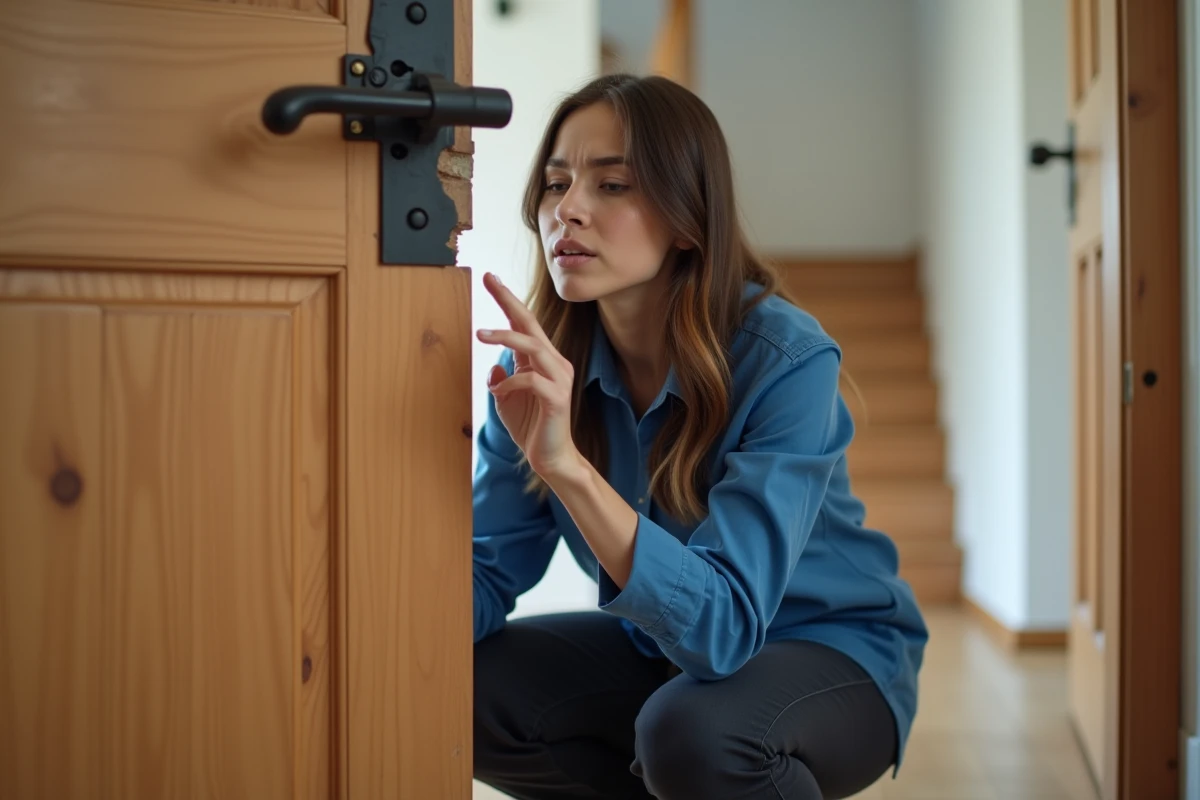 Jeune femme regardant une porte avec une serrure cassée dans l