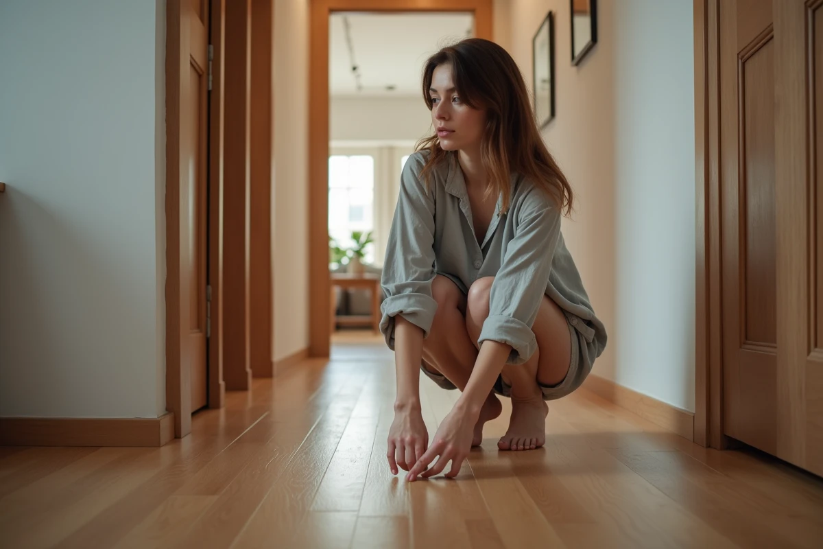 Jeune femme examine le parquet dans un appartement moderne